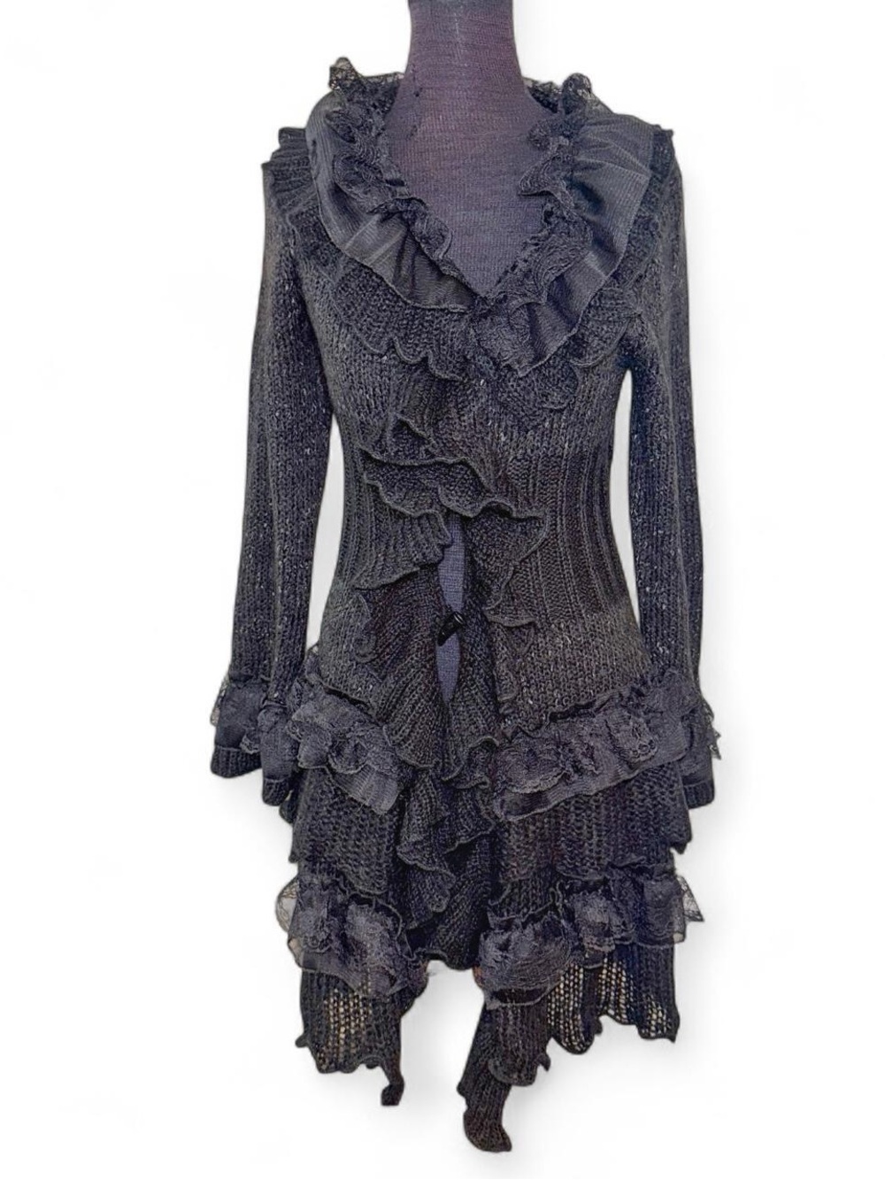 Pretty Angel Y2K Whimsygoth Boho Ruffled Black Silk Bkend Cardigan Duster Size S